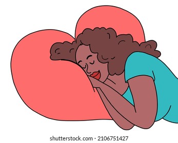 A young african woman sleeps at night, rest fatigue. Homey, relaxed atmosphere