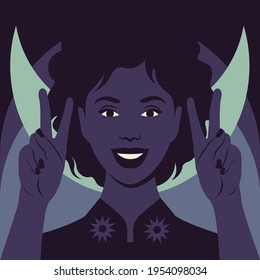 A young African woman smiles and shows a victory sign. The modern happy witch on a fashion mystical background with moon. Vector flat illustration