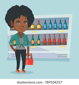 Young African Woman Standing In Alcohol Store With Pack Of Beer On The Background Of Refrigerator. Woman Buying Beer. Beer Lover Holding Pack With Bottles. Vector Cartoon Illustration. Square Layout.