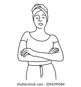 Young African woman stands with crossed arms. Hand drawn vector illustration. Black and white.