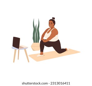 Young African woman taking pilates or yoga fitness class with laptop at home. Sport  healthy people lifestyle concept. Vector illustration isolated on the white background