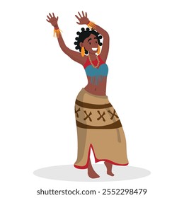 Young African woman in traditional national clothes dancing tribal dance cartoon vector illustration.