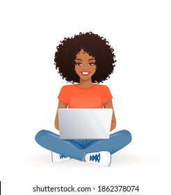 Young african woman using laptop computer sitting in lotus pose with crossed legs isolated vector illustration