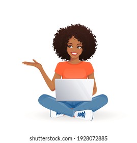 Young african woman using laptop computer showing, sitting with crossed legs isolated vector illustration