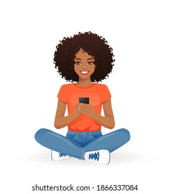 Young african woman using mobile phone sitting in lotus pose with crossed legs isolated vector illustration