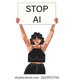 Young African Woman with Vitiligo Protesting Against Artificial Intelligence and Holding a Sign, Flat Style Illustration