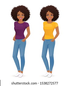 Young african woman wearing jeans with hands in her pockets isolated vector illustration