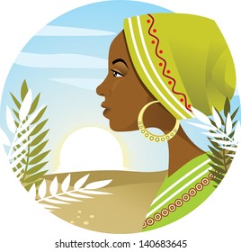 Young African woman's profile, with a sunrise background - vector illustration