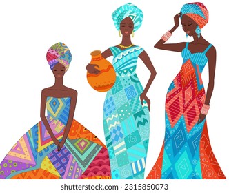 young african women in fashion clothes with closed eyes. Africa female collection in colorful dresses. Cartoon vector illustration of graceful girls