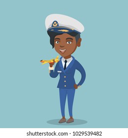 Young african-american airline pilot holding the model of airplane in hand. Female airline pilot wearing uniform and playing with the model of airplane. Vector cartoon illustration. Square layout.