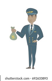 Young african-american airplane pilot showing money bag with dollar sign. Airplane pilot holding money bag. Vector sketch cartoon illustration isolated on white background.