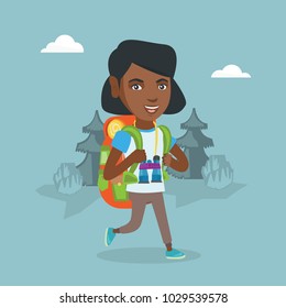 Joven mochilero afroamericano con mochila y binoculares caminando al aire libre. Alegre senderismo en el bosque durante el viaje de verano. Ilustración de dibujos animados. Diseño cuadrado.