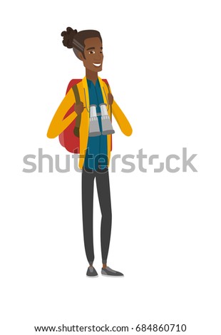 Young african-american backpacker with backpack and binoculars. Full length of of happy backpacker with binoculars on neck. Vector flat design cartoon illustration isolated on white background.