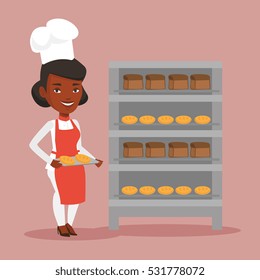 Young african-american baker holding tray of bread in the bakery. Confident female baker standing near bread rack. Smiling baker holding baking tray. Vector flat design illustration. Square layout.