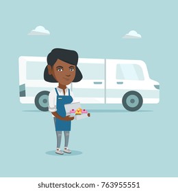 Young african-american baker standing on the background of delivery truck. Female baker holding box with cupcakes. Smiling baker delivering cakes. Vector cartoon illustration. Square layout.