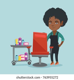 Young african-american barber standing near armchair and table with cosmetics in barber shop. Professional barber standing at workplace in barber shop. Vector cartoon illustration. Square layout.