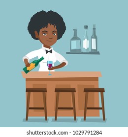 Young african-american bartender standing at the bar counter and pouring wine in a glass. Cheerful female bartender holding a bottle of wine in hands. Vector cartoon illustration. Square layout.