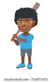 Young african-american boy playing baseball. Happy smiling baseball player holding a wooden baseball bat. Little softball player. Vector sketch cartoon illustration isolated on white background.