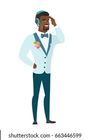Jovem noivo afro-americano com fone de ouvido e microfone. Comprimento total do noivo no fone de ouvido com microfone. Ilustração de design plano vetorial isolada sobre fundo branco.