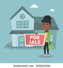 Young african-american broker offering the house for sale. Broker with placard for sale and documents in hands standing on the background of house for sale. Vector cartoon illustration. Square layout.