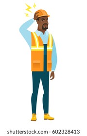Joven constructor afroamericano con un rayo sobre la cabeza. Largo de todo el edificio con relámpago. Constructor confiado parado bajo un rayo. Ilustración de diseño plana de vectores aislada en fondo blanco