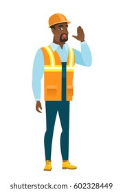 Young african-american builder lost and calling for help. Full length of builder calling for help. Builder in trouble calling for help. Vector flat design illustration isolated on white background.
