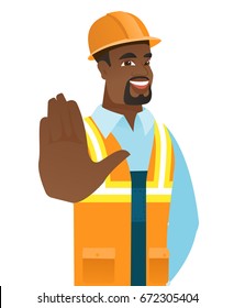 Young african-american builder showing palm hand. Full length of cheerful builder showing palm hand. Builder in hard hat giving five. Vector flat design illustration isolated on white background.