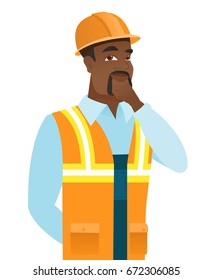 Young african-american builder thinking. Young thinking builder with hand on chin. Builder thinking and looking to the side. Vector flat design illustration isolated on white background.