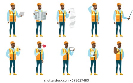 Young african-american builder using laptop. Full length of smiling builder working on a laptop. Cheerful builder holding laptop. Set of vector flat design illustrations isolated on white background.