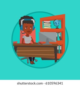 Young african-american business woman during video conference in office. Business woman wearing headset and working on a computer. Vector flat design illustration in the circle isolated on background.