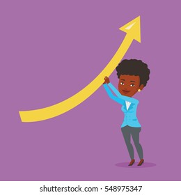 Young african-american business woman holding arrow going up. Successful business woman changing the path of an arrow to a positive increase. Vector flat design illustration. Square layout.