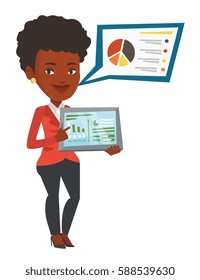 Young african-american business woman presenting report on digital tablet. Business woman pointing at the charts on tablet computer screen. Vector flat design illustration isolated on white background