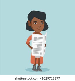 Young african-american business woman reading good news in a newspaper. Full length of smiling woman standing with a newspaper in hands. Vector cartoon illustration. Square layout.