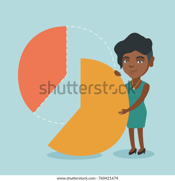 Young african-american business woman sharing\
profit. Shareholder taking share of financial pie chart. Cheerful\
shareholder getting her share of profit. Vector cartoon\
illustration. Square\
layout.