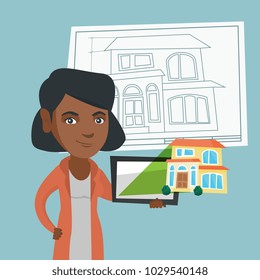 Young african-american business woman showing a digital tablet with a house photo. Real estate agent holding a digital tablet with a house photo. Vector cartoon illustration. Square layout.