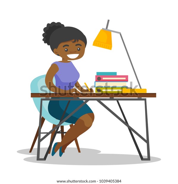 Young Africanamerican Business Woman Sitting Desk Stock Vector