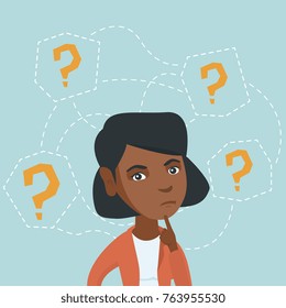 Young african-american business woman thinking. Thinking business woman standing under question marks. Thinking business woman surrounded by question marks. Vector cartoon illustration. Square layout.