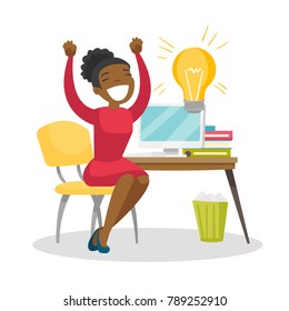 Young african-american business woman working on a laptop on a new business idea. Happy woman got a creative idea. Business idea concept. Vector cartoon illustration isolated on white background.