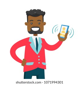 Young african-american businessman holding ringing mobile phone in hand. Happy smiling businessman showing a mobile phone with incoming call. Vector cartoon illustration isolated on white background.