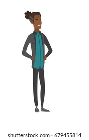 Young african-american businessman laughing. Businessman laughing with hands on his stomach. Businessman laughing with closed eyes. Vector flat design illustration isolated on white background.