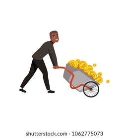 Young African-American businessman pushing wheelbarrow full of golden coins. Bitcoin and virtual money theme. Wealthy man in formal suit. Flat vector