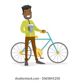 Young african-american businessman riding a bicycle to work. Man with a cup of coffee standing next to the bicycle. Healthy lifestyle concept. Vector cartoon illustration isolated on white background.