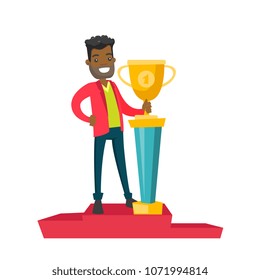 Young african-american businessman standing on the pedestal with business award. Cheerful businessman celebrating his victory on the pedestal. Vector cartoon illustration isolated on white background.