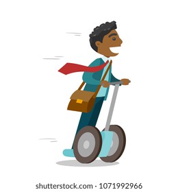 Young african-american businessman in a suit riding to work on self balancing electric scooter. Man standing on alternative transport vehicle. Vector cartoon illustration isolated on white background.