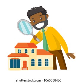 Young african-american businessman using a magnifying glass for looking for a new house. Man using a magnifier to check a house. Vector cartoon illustration isolated on white background. Square layout