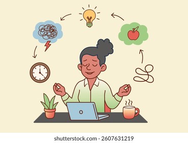 Young african-american businesswoman in stress, meditating in workplace in office.  Problem solving concept, work-life balance concept illustration, stress management, vector illustration

