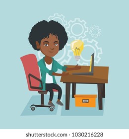 Young african-american businesswoman working on a laptop on a new business idea. Business woman having a business idea. Successful business idea concept. Vector cartoon illustration. Square layout.