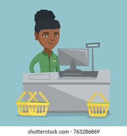 Young african-american cashier standing at the checkout with a cash register in the supermarket. Smiling cashier working at the checkout in the supermarket. Vector cartoon illustration. Square layout.