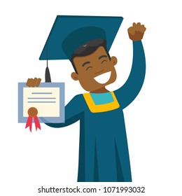 Young african-american cheerful graduate in graduation cloak and hat showing diploma. Concept of education and graduation. Vector cartoon illustration isolated on white background. Square layout.