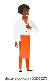 Young african-american chef cook giving thumb up. Full length of chef cook with thumb up. Cheerful chef cook in uniform showing thumb up. Vector flat design illustration isolated on white background.